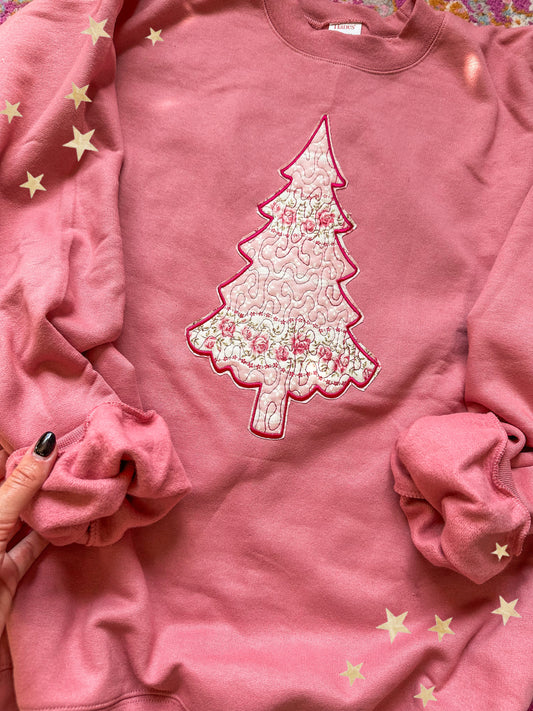 pretty in pink christmas tree embroidered crewneck // PRE-ORDER