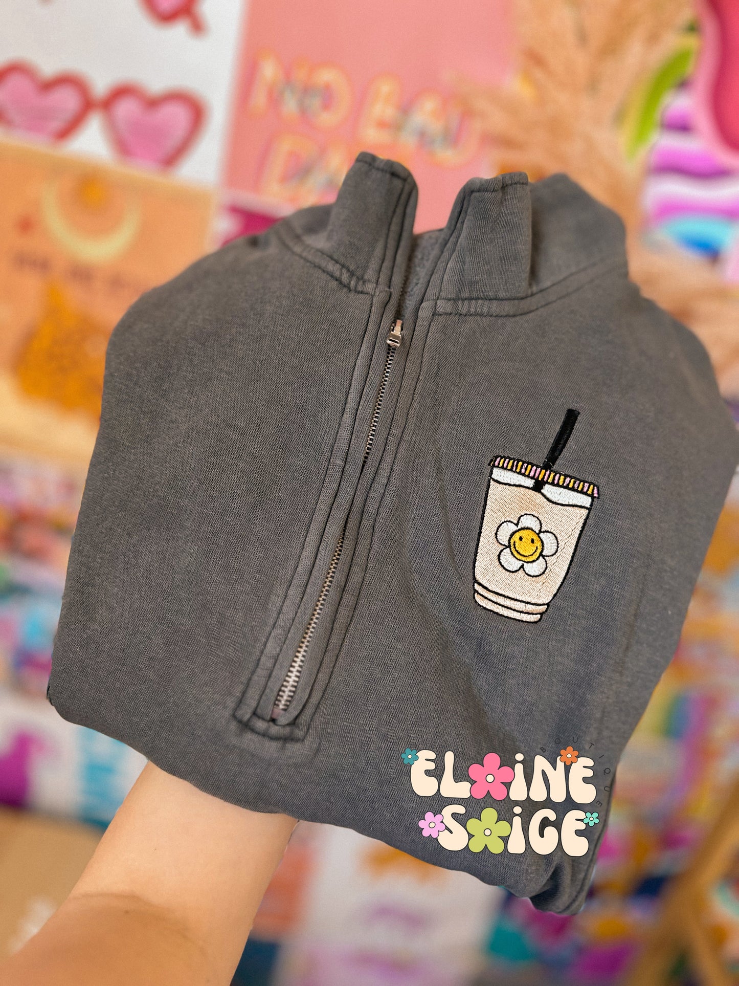 iced coffee embroidered quarter zip // PRE-ORDER